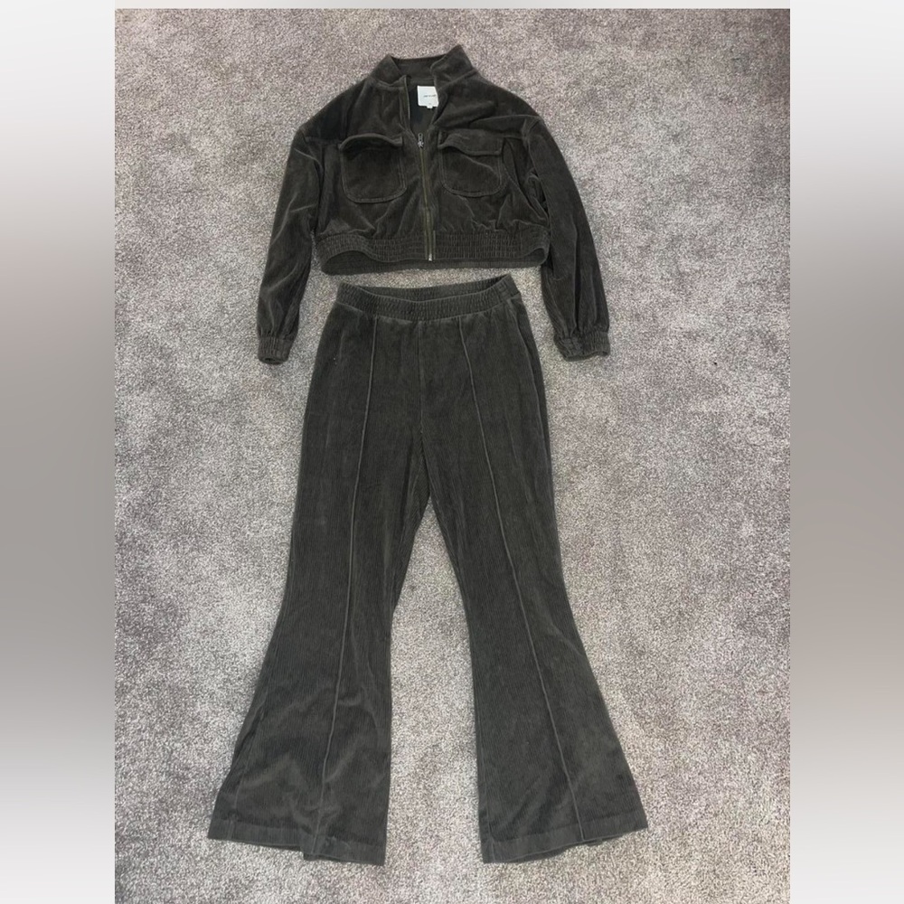 Aerie Olive Green Velour/Corduroy Flare Pants Set
